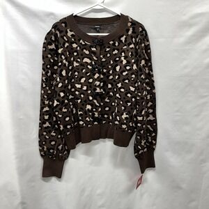 NWT Express Brown Knit Leopard Print Pullover Sweater Bow Accent Crew Neck XL